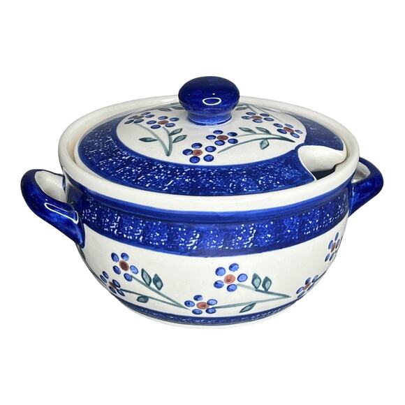 VTG Wiza Poland COVERED DISH Sugar Bowl Gravy Mini Crock Handles Polish Pottery - Picture 1 of 6